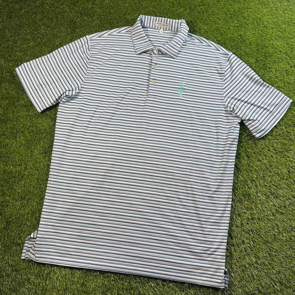 Peter Millar Polo Mens Large Blue Green Striped Golf Performance Summer Top